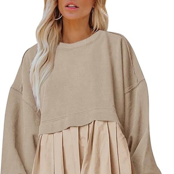 Dokuritu Women's Khaki Patchwork Crew Neck Long Sleeve Sweatshirt Mini Dress XS - Picture 10 of 11